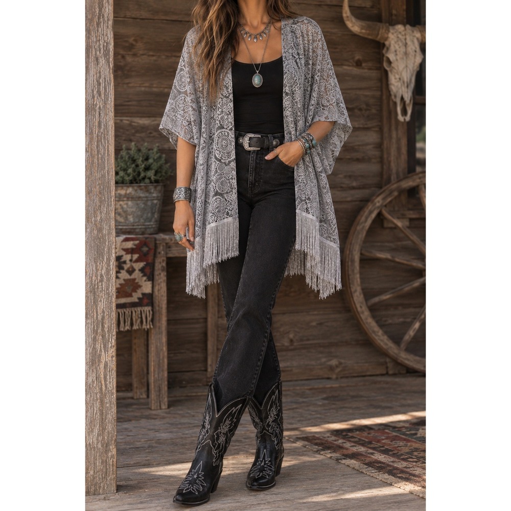 Gray Lace Kimono Boho Romantic Duster Wrap White Fringe Tassel Hem - One Size